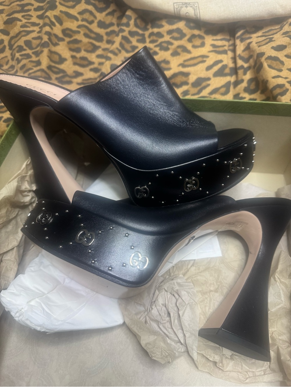 Gucci Black Leather Studded Platform Mules with Double G Hardware